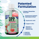 A bottle of DPP Dipeptide Power liquid protein supplement in watermelon flavor, featuring a colorful label with key ingredients and benefits highlighted, set against a light blue background.