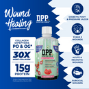 A bottle of Dipeptide Power liquid protein supplement in watermelon flavor, featuring information on collagen content, protein amount, and benefits for wound healing, set against a blue background with health-related icons.