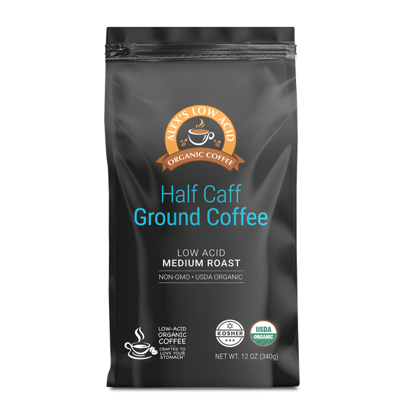 Alex's Low-Acid Organic Coffee™ - Half Caff Fresh Ground (12oz)