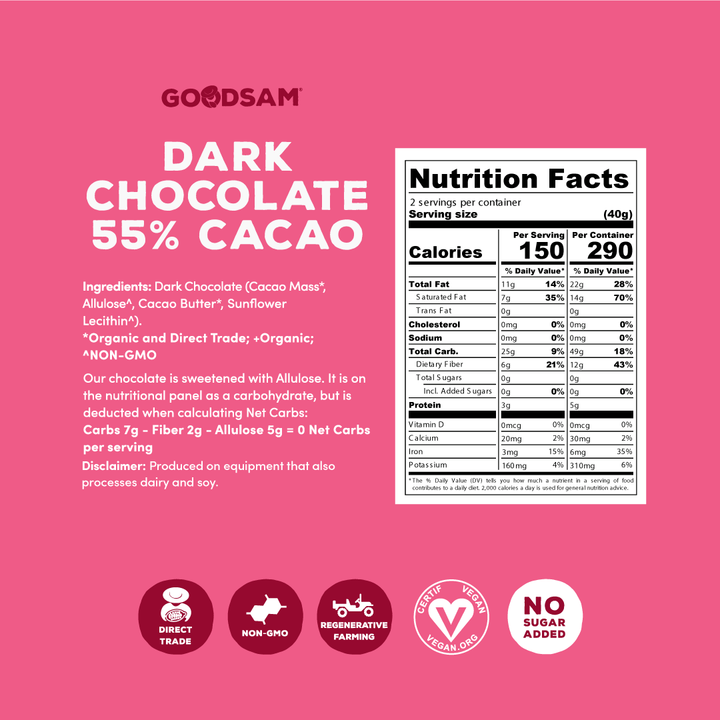 GoodSam 55% Cacao Dark Chocolate Bar - Sugar Free, 2.8 oz