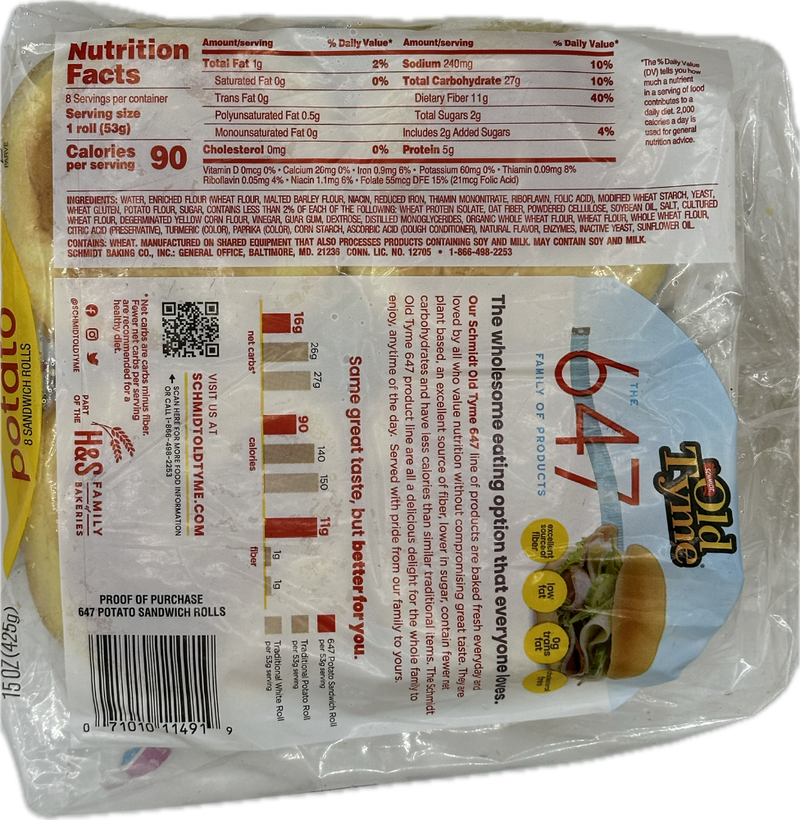 Schmidt / Old Tyme 647 Potato Sandwich Roll, 8 rolls