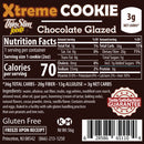A nutrition label for ThinSlim Foods' Xtreme Chocolate Glazed Cookie, detailing servings, calories, and nutritional information, including ingredients and dietary notes like gluten-free.