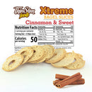 Cinnamon-flavored bagel slices are displayed in front of a nutrition facts label, showcasing the product's details and highlighting its low calorie count of 50 per serving.