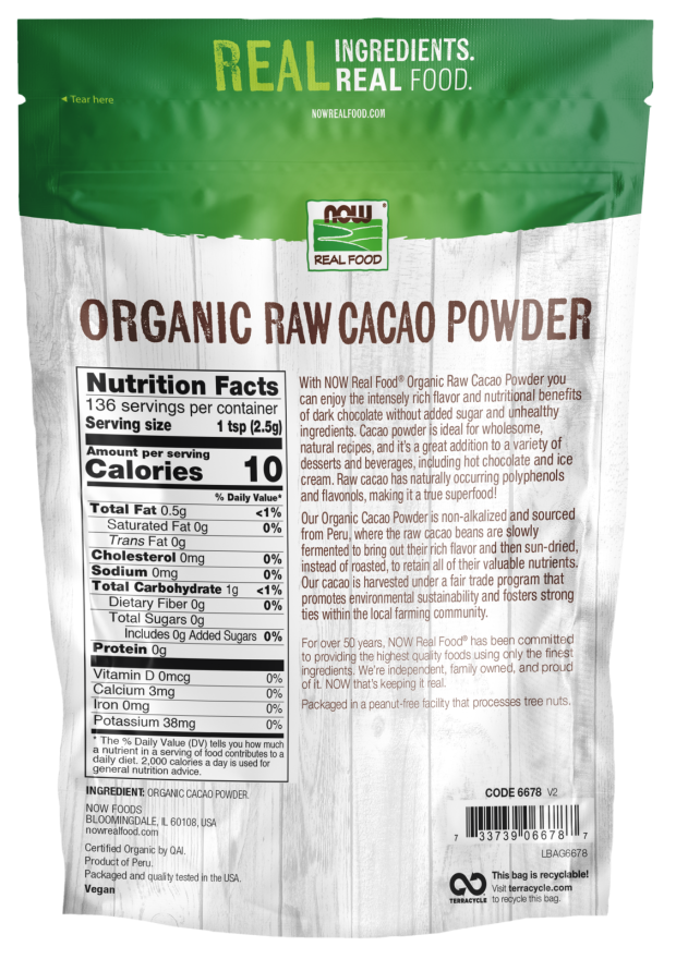 NOW Cacao Powder, Raw, Organic 12 oz