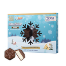 A box of dark chocolate peppermint crème-filled candies shaped like snowflakes is displayed alongside one candy, set against a winter-themed background with snowflakes and a snowy landscape.