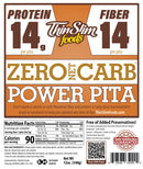 A product label for ThinSlim Foods Power Pita, highlighting 14g of protein and fiber per pita, with a note on zero net carbs and nutritional information for a low-calorie snack option.