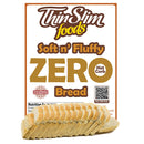 A package of ThinSlim Foods Soft n' Fluffy Zero Net Carb Bread displays sliced bread in front of a colorful label highlighting its low-carb features and taste satisfaction guarantee.