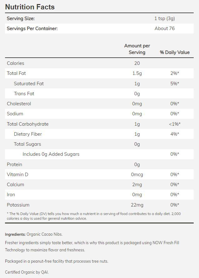 NOW Cacao Nibs, Organic & Raw 8 oz. 
