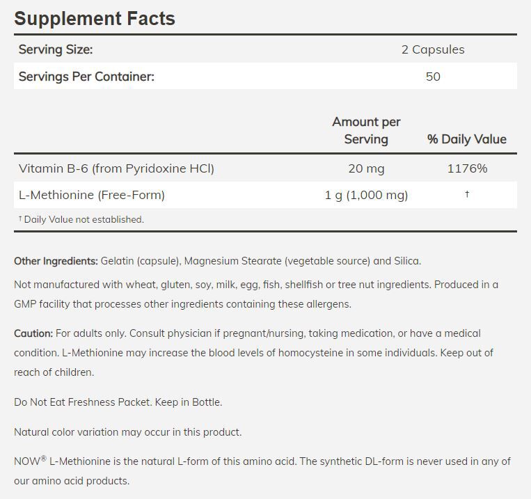 NOW L-Methionine 100 Capsules 