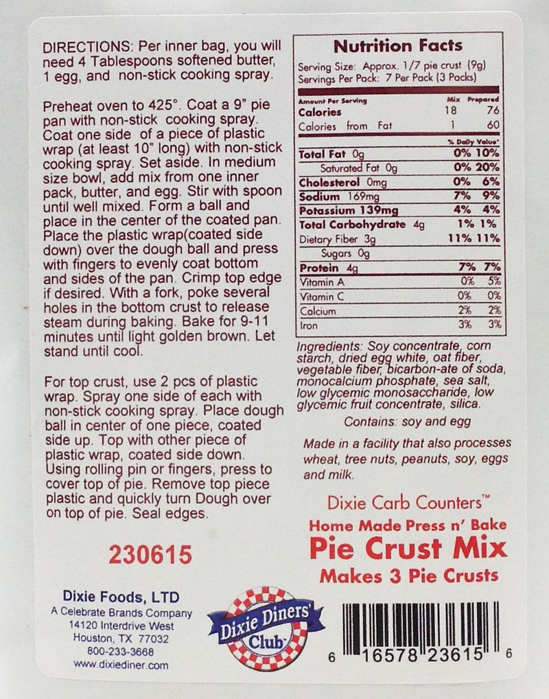 Dixie USA Carb Counters Press n' Bake Pie Crust Mix 6.5 oz. 