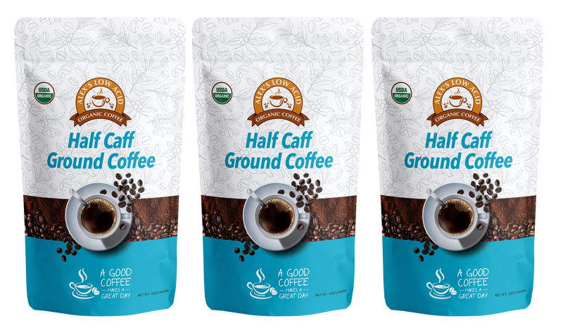 Alex's Low-Acid Organic Coffee™ - Half Caff Fresh Ground (12oz)