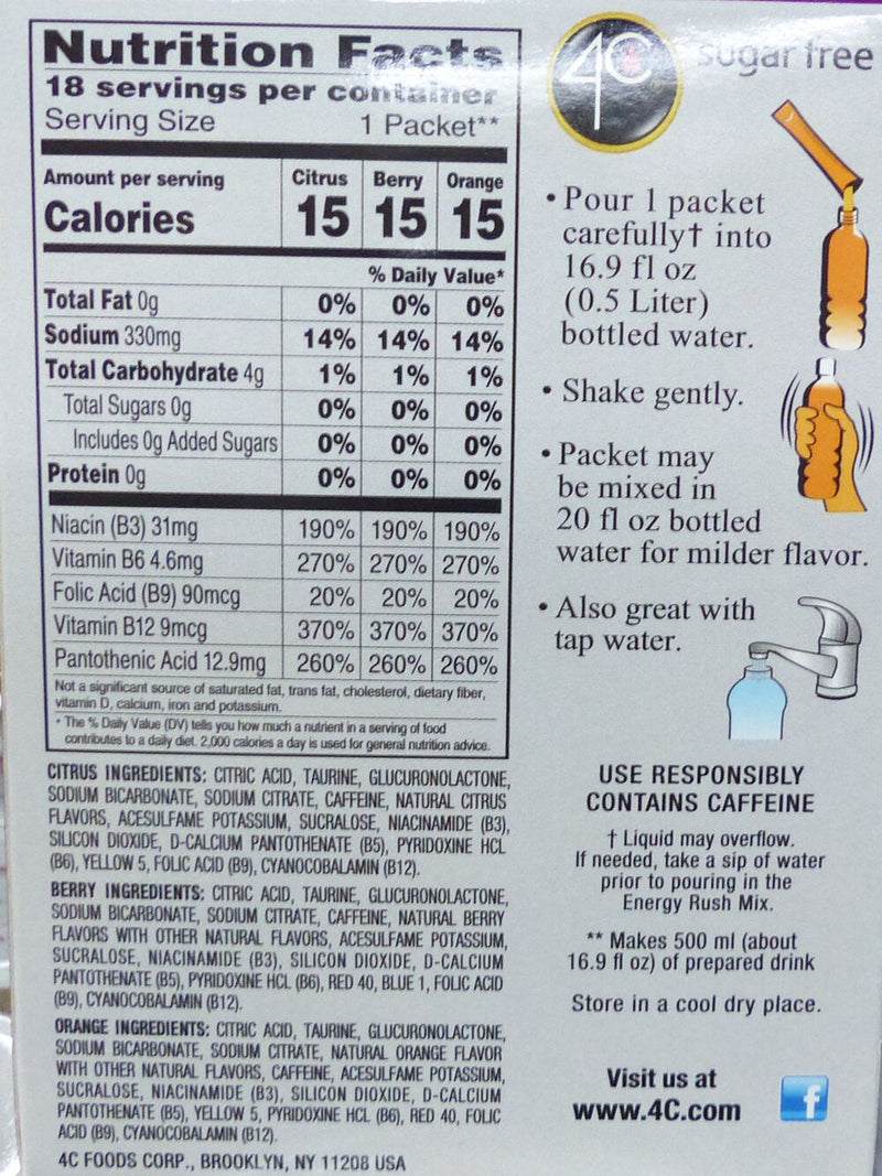 4C Sugar Free Energy Rush Drink Mix Sticks