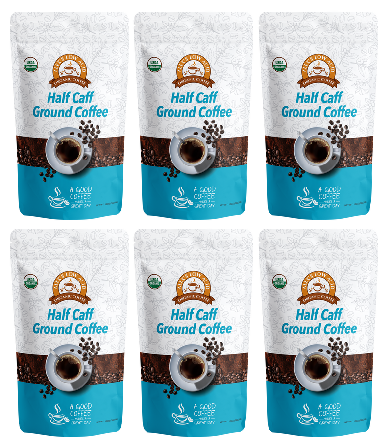 Alex's Low-Acid Organic Coffee™ - Half Caff Fresh Ground (12oz)