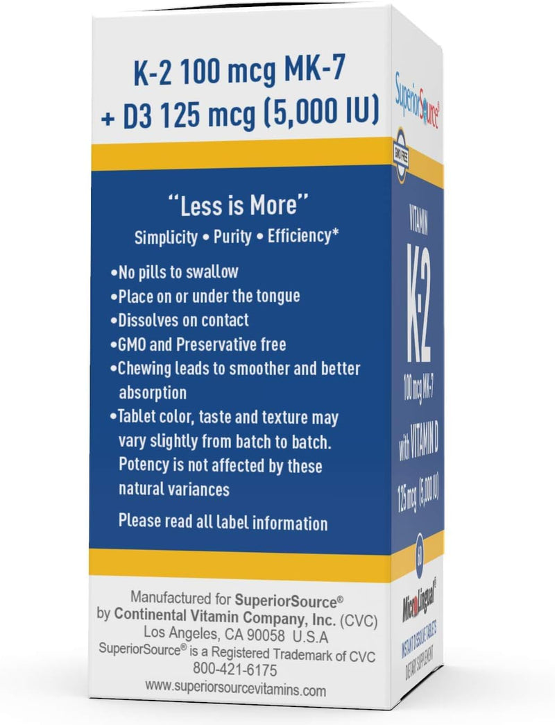 Superior Source Vitamin K2 100 MCG (MK-7) with Vitamin D3 5000 IU MicroLingual® Instant Dissolve Tablets 