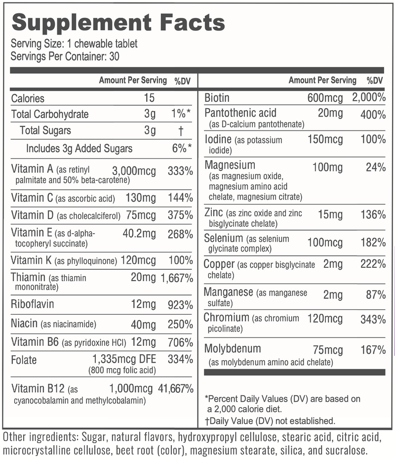 BariatricPal Multivitamin ONE "1 per Day!" Bariatric Multivitamin Chewable & IRON-FREE - Mixed Berry (NEW!)