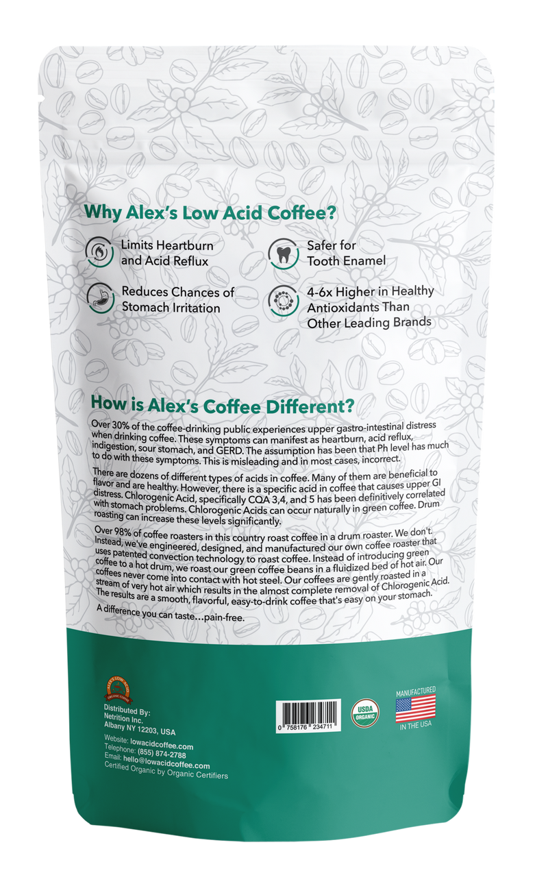 Alex's Low Acid Organic Coffee™ - Decaf Fresh Ground (12oz)