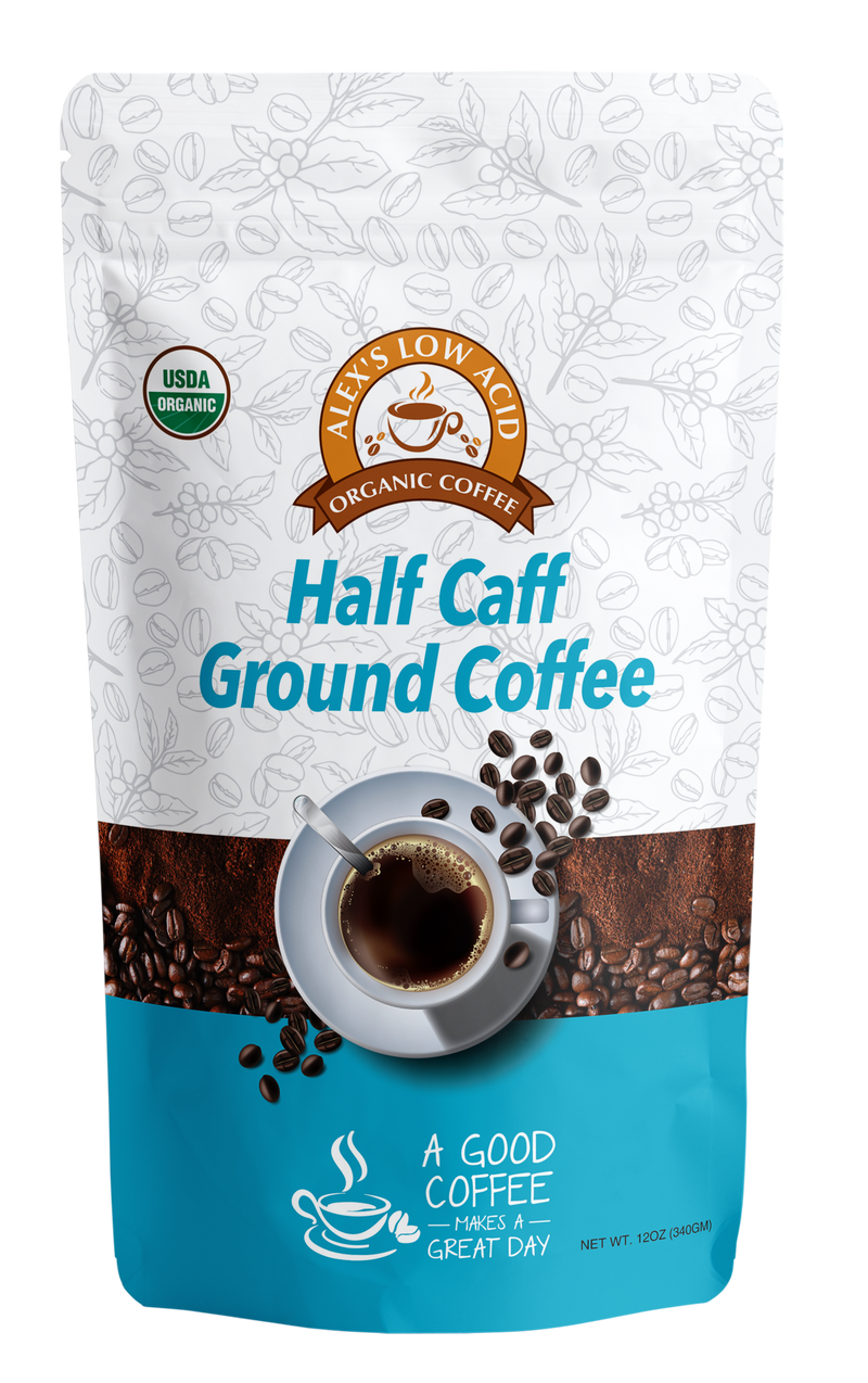 Alex's Low-Acid Organic Coffee™ - Half Caff Fresh Ground (12oz)