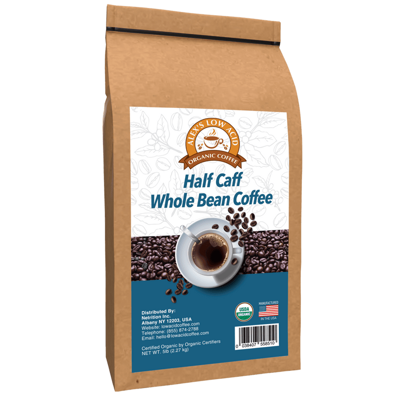 Alex's Low Acid Organic Coffee™ - Half Caff Whole Bean (5lbs)