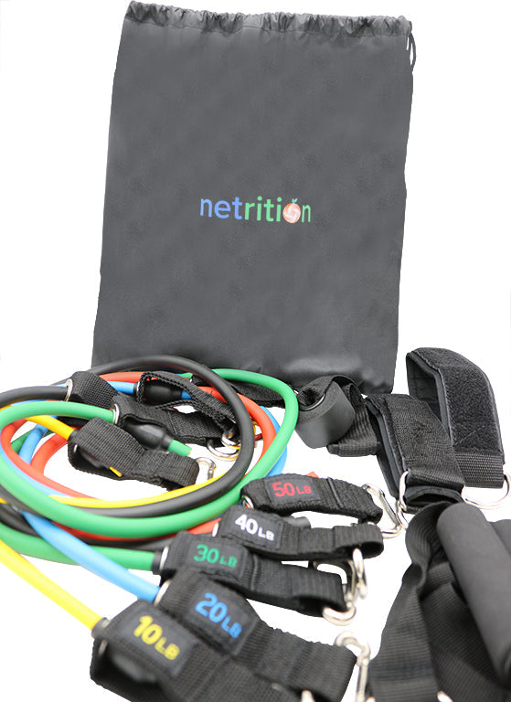 Netrition Resistance Band Set with Door Anchor, Ankle Strap, Exercise Chart, and Carrying Case