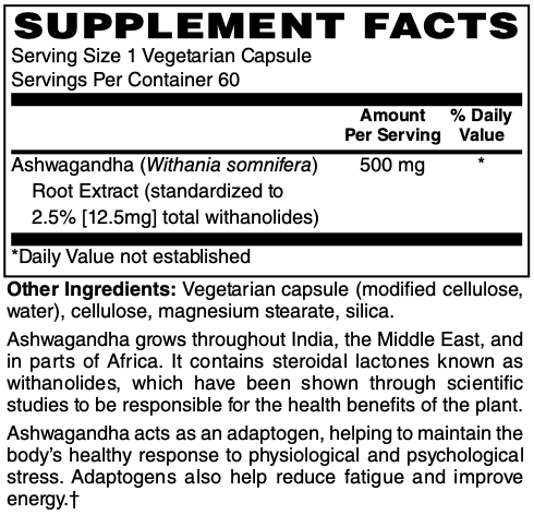 Ashwagandha Extract 500mg Caps 60's by Netrition 