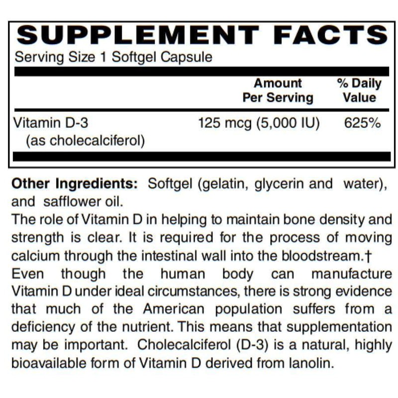 Vitamin D-3 125mcg (5000 IU) - Easy Swallow Vegetarian Softgels by BariatricPal 